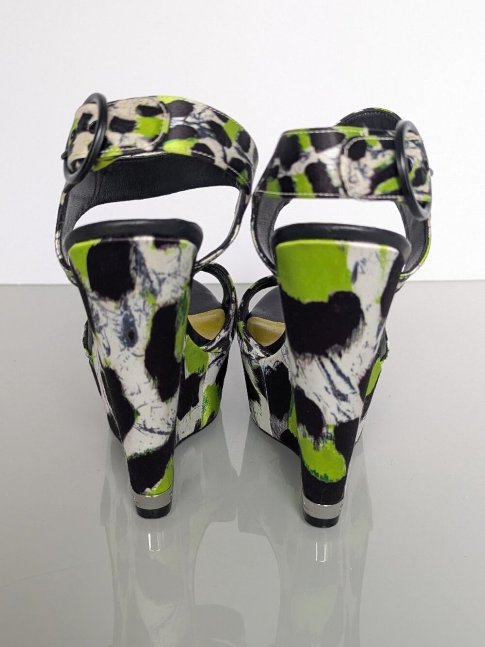 Just Cavalli Y2K Neon Black White Animal Print Open Toe Wedge Heels Size 38 - Picture 7 of 11